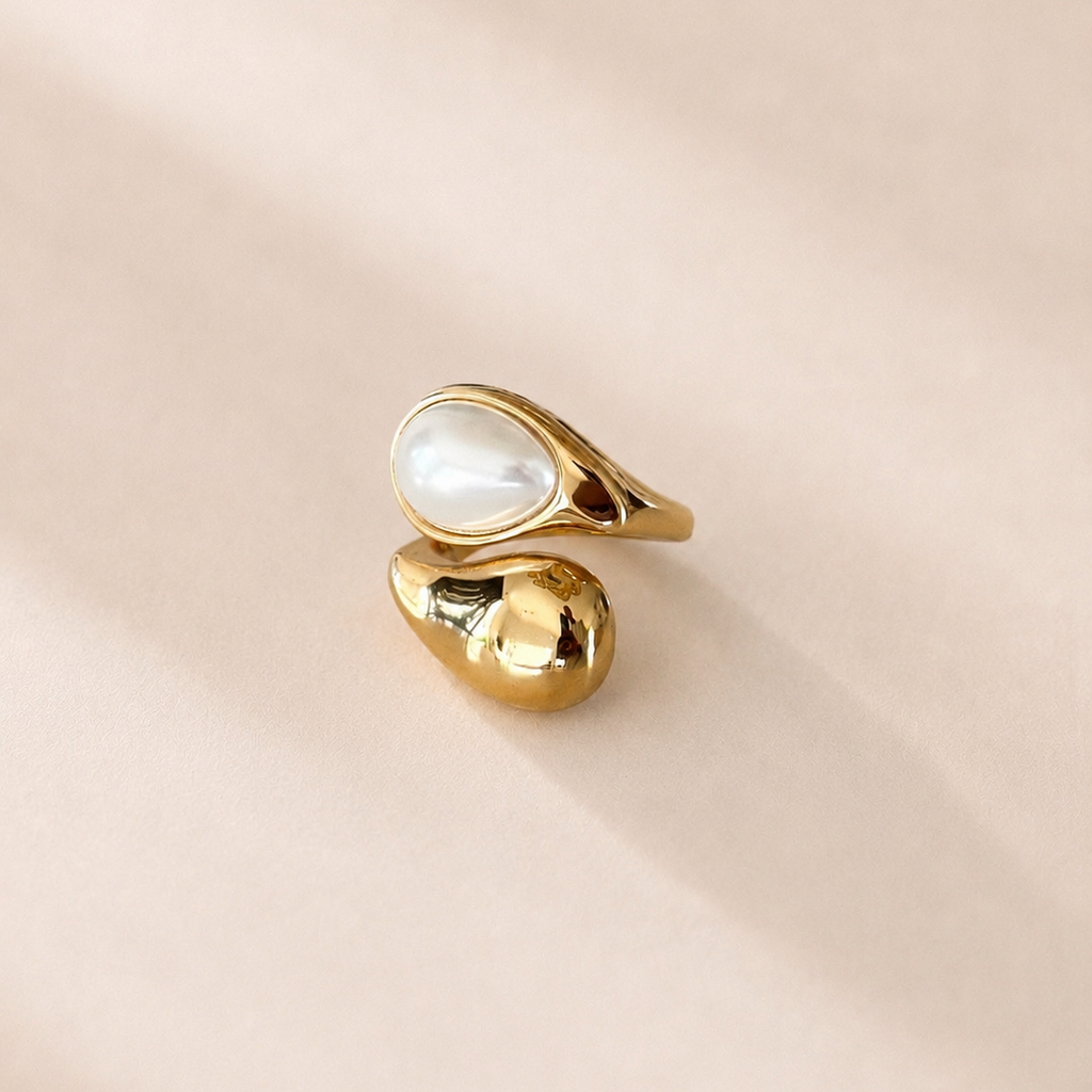 18K Gold-Plated Teardrop Pearl Ring W/ Adjustable Band