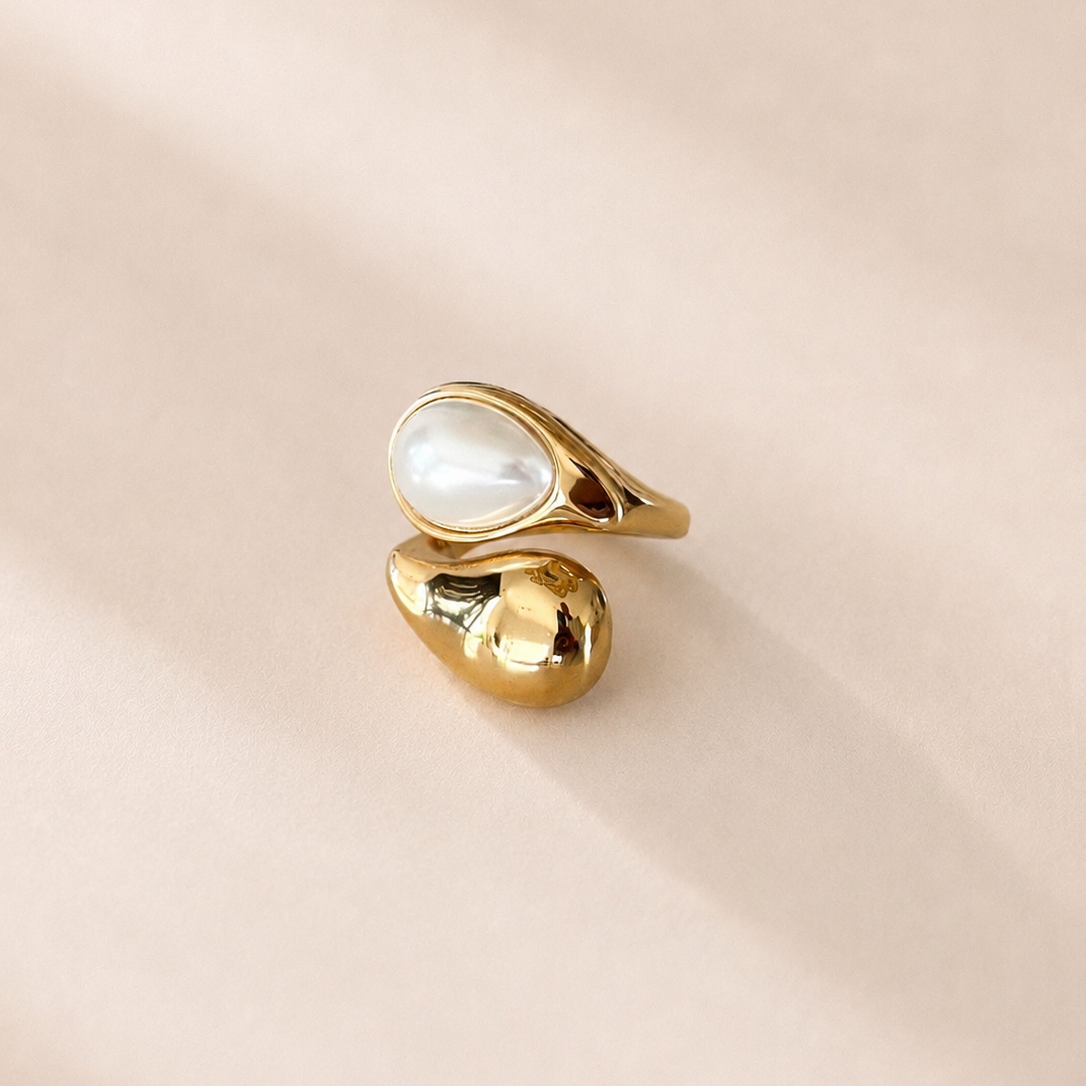 18K Gold-Plated Teardrop Pearl Ring W/ Adjustable Band