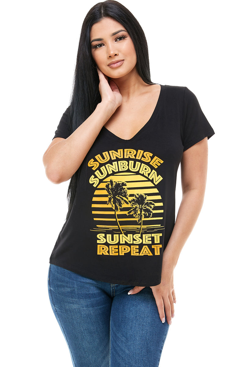 SUNRISE SUNBURN SUNSET REPEAT Text Print V Neck Short Sleeve Top