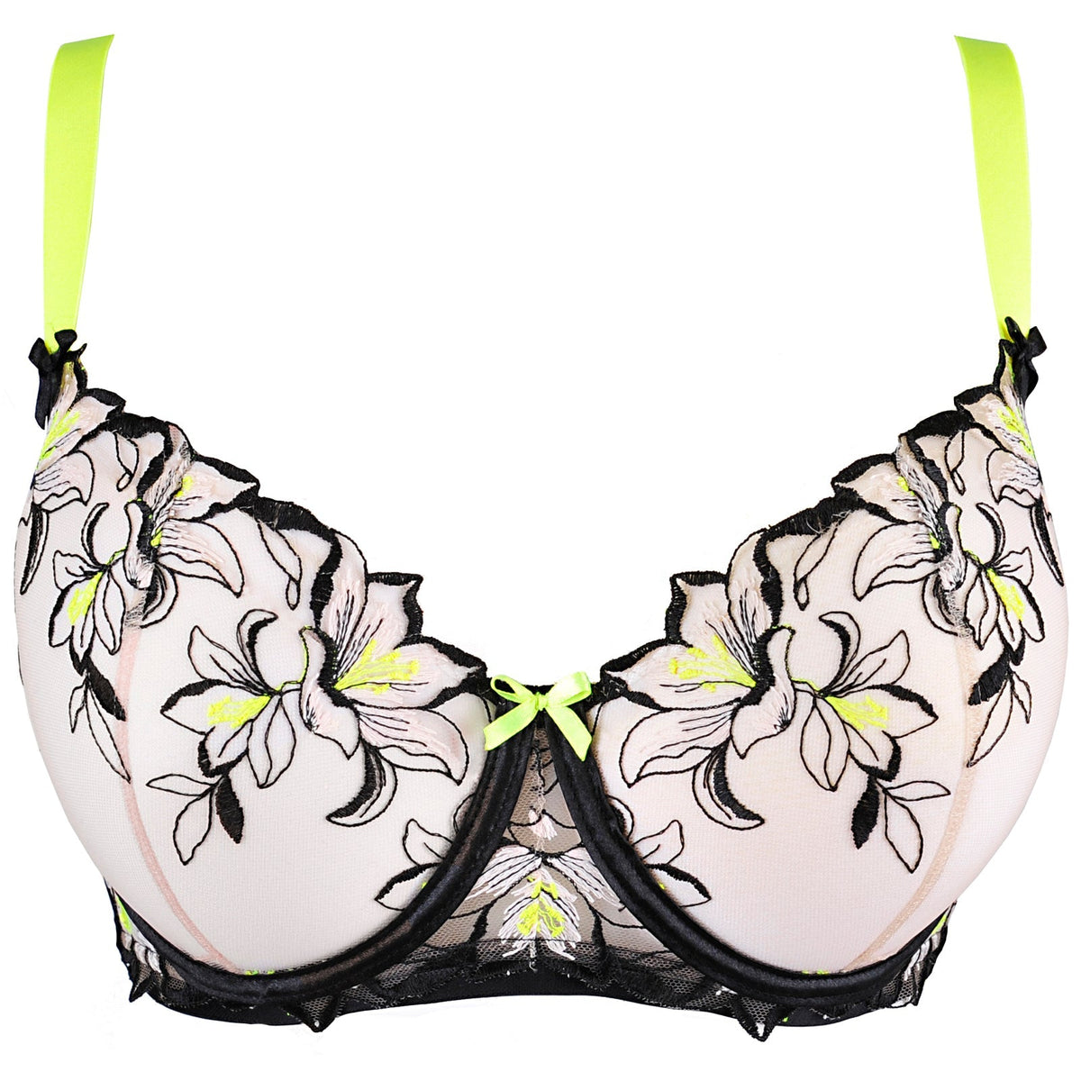 Coquettish Floral Embroidered Neon Sheer Balconette Bra