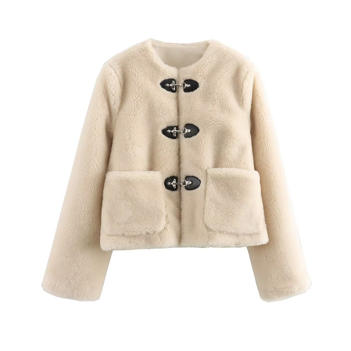 Cream Collarless Faux Shearling Jacket