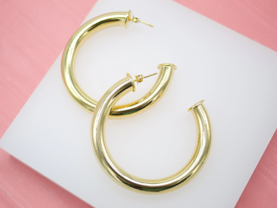 18K Gold Filled 6mm Thick Open Hoop Stud Hoops Earrings