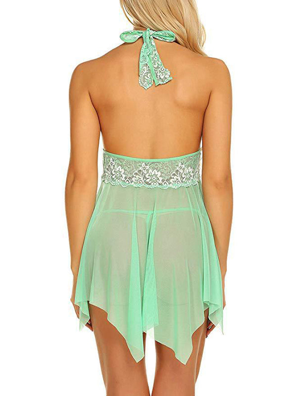 Lace Sheer Mesh Halter Babydoll Lingerie