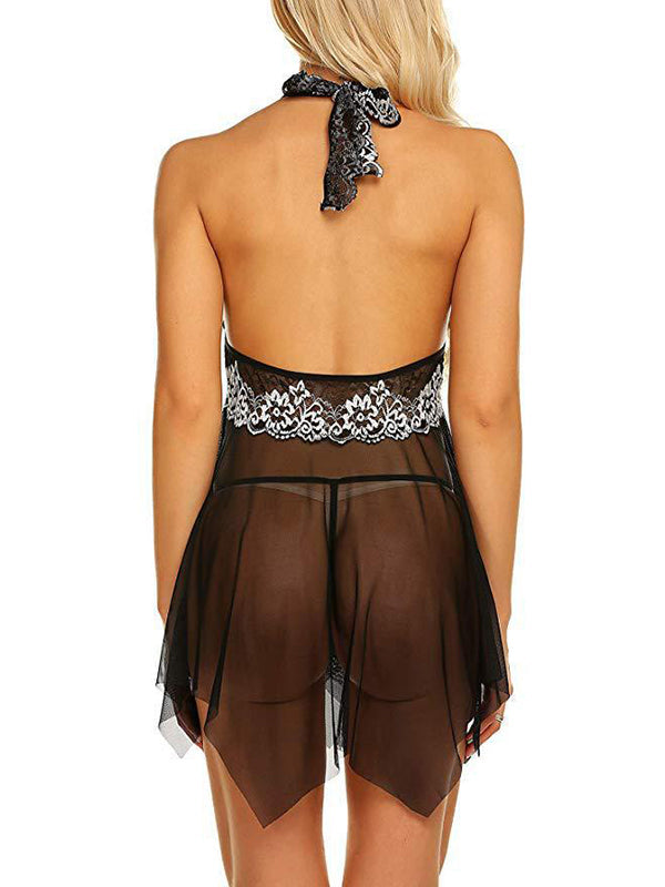 Lace Sheer Mesh Halter Babydoll Lingerie