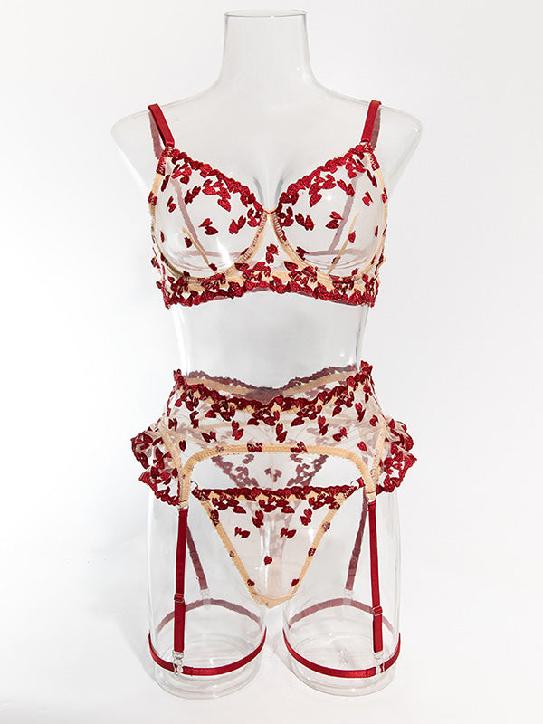 Floral Embroidered Lace Bra & Garter Lingerie Set Push-Up Lingerie