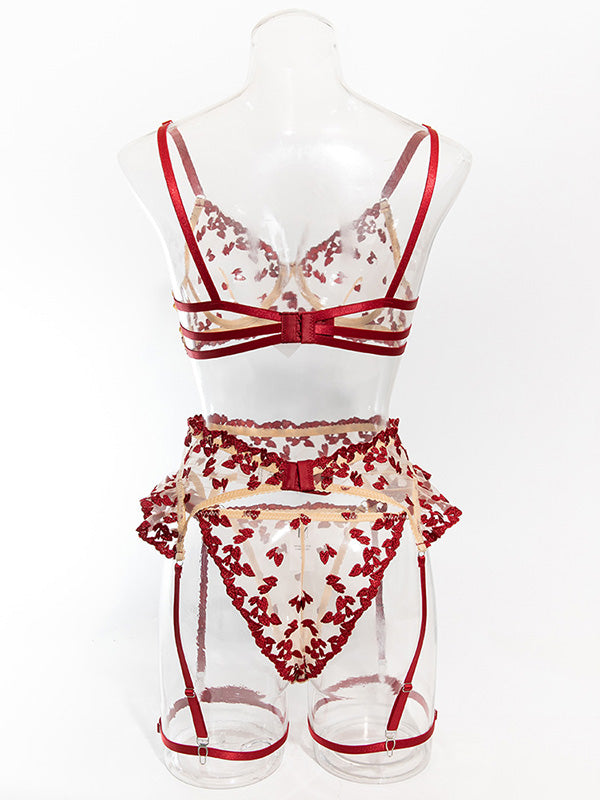 Floral Embroidered Lace Bra & Garter Lingerie Set Push-Up Lingerie