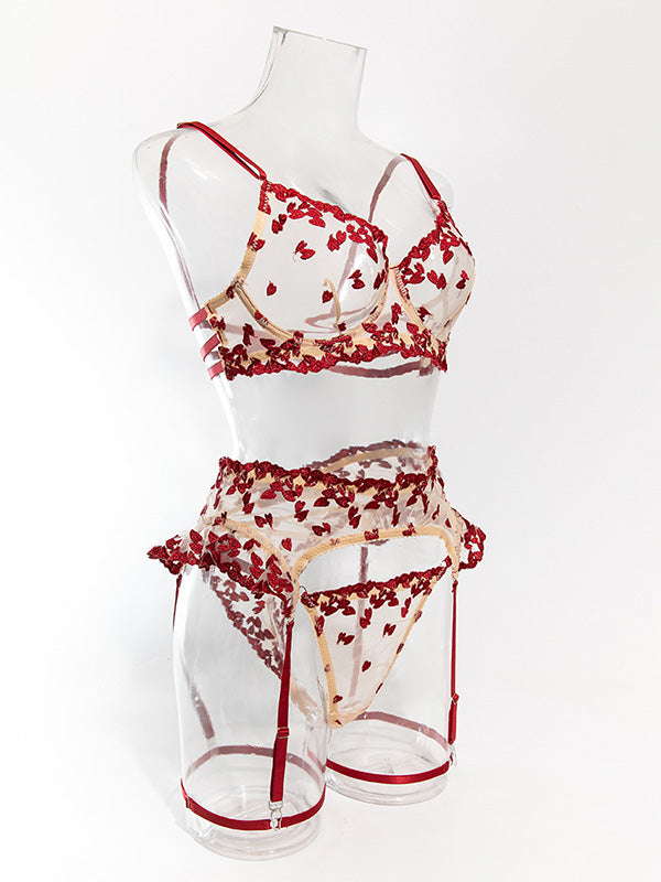 Floral Embroidered Lace Bra & Garter Lingerie Set Push-Up Lingerie