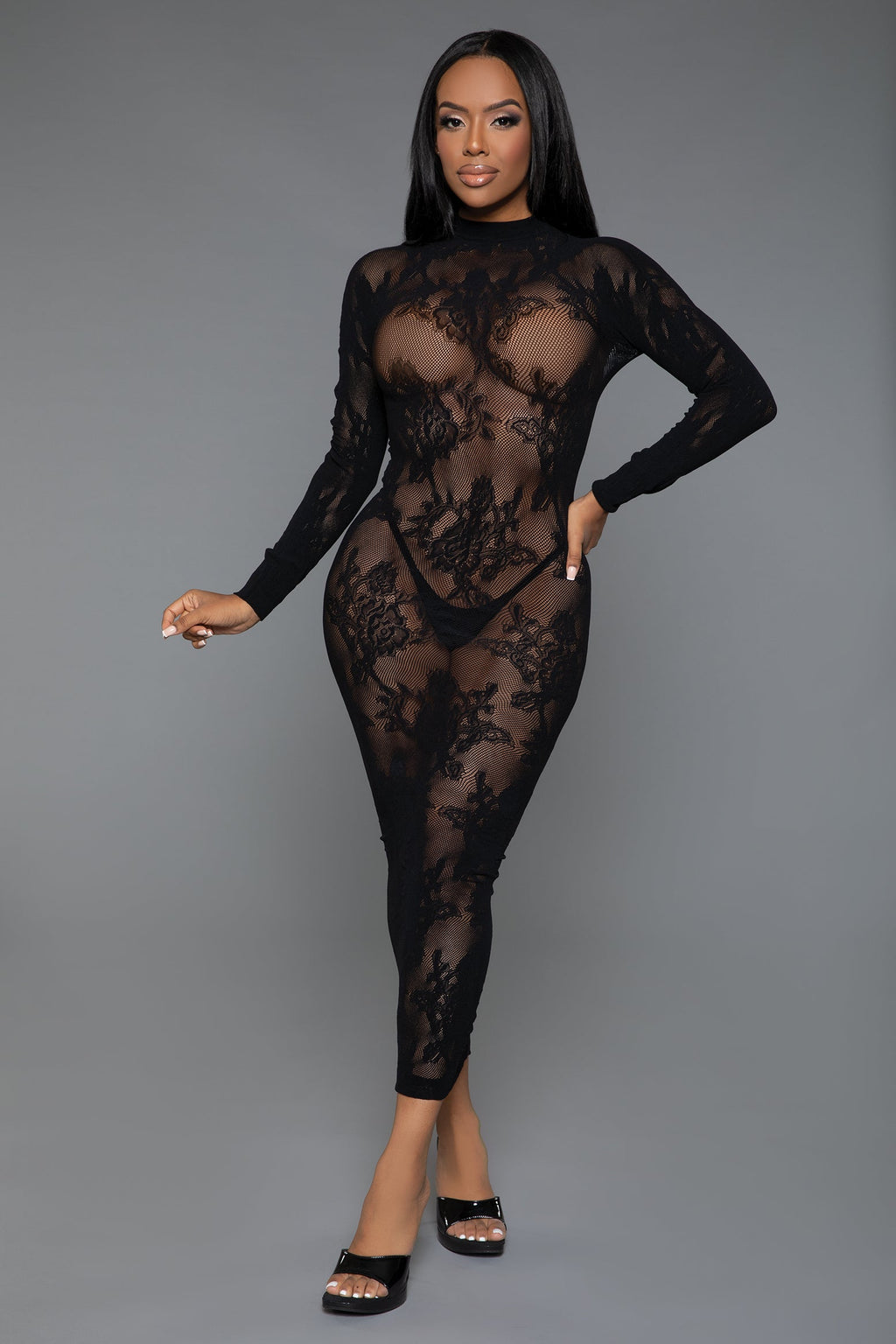 Black See-Through Lace Design Maxi Dress