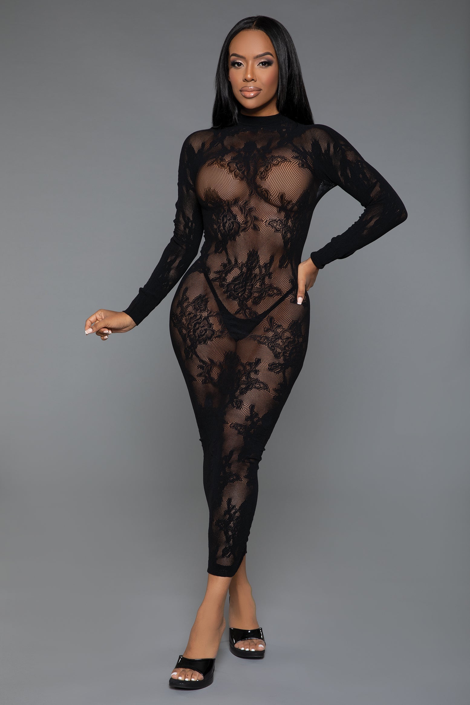 Black See-Through Lace Design Maxi Dress