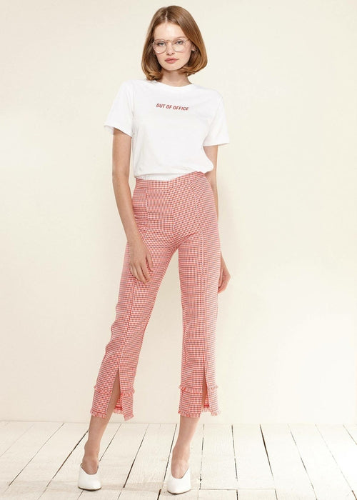 Fringe Trim Slit Hem Pants in Red Gingham