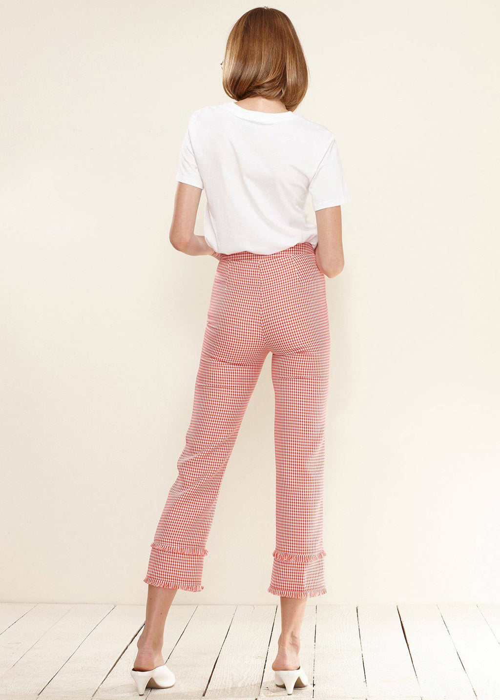 Fringe Trim Slit Hem Pants in Red Gingham