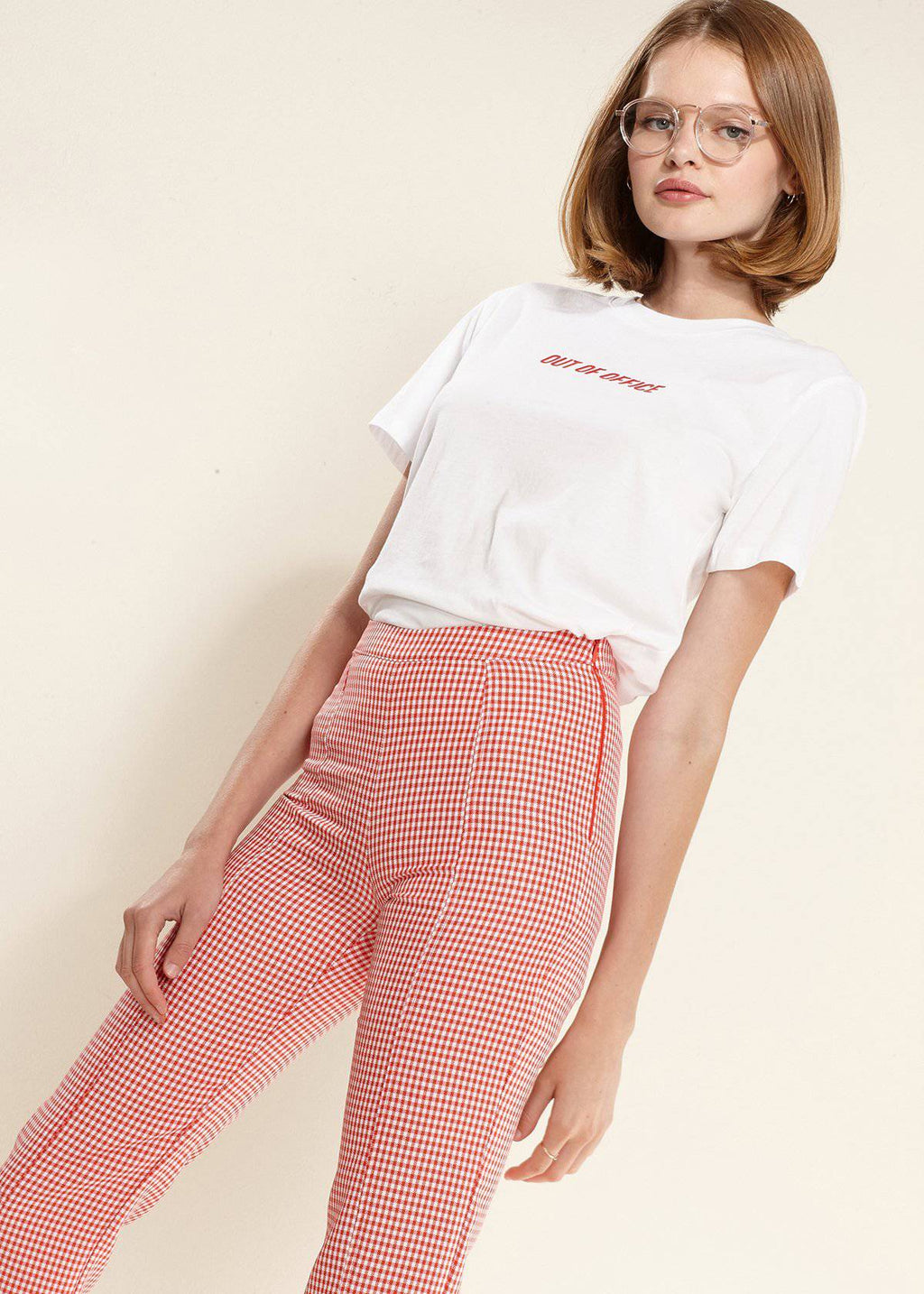 Fringe Trim Slit Hem Pants in Red Gingham