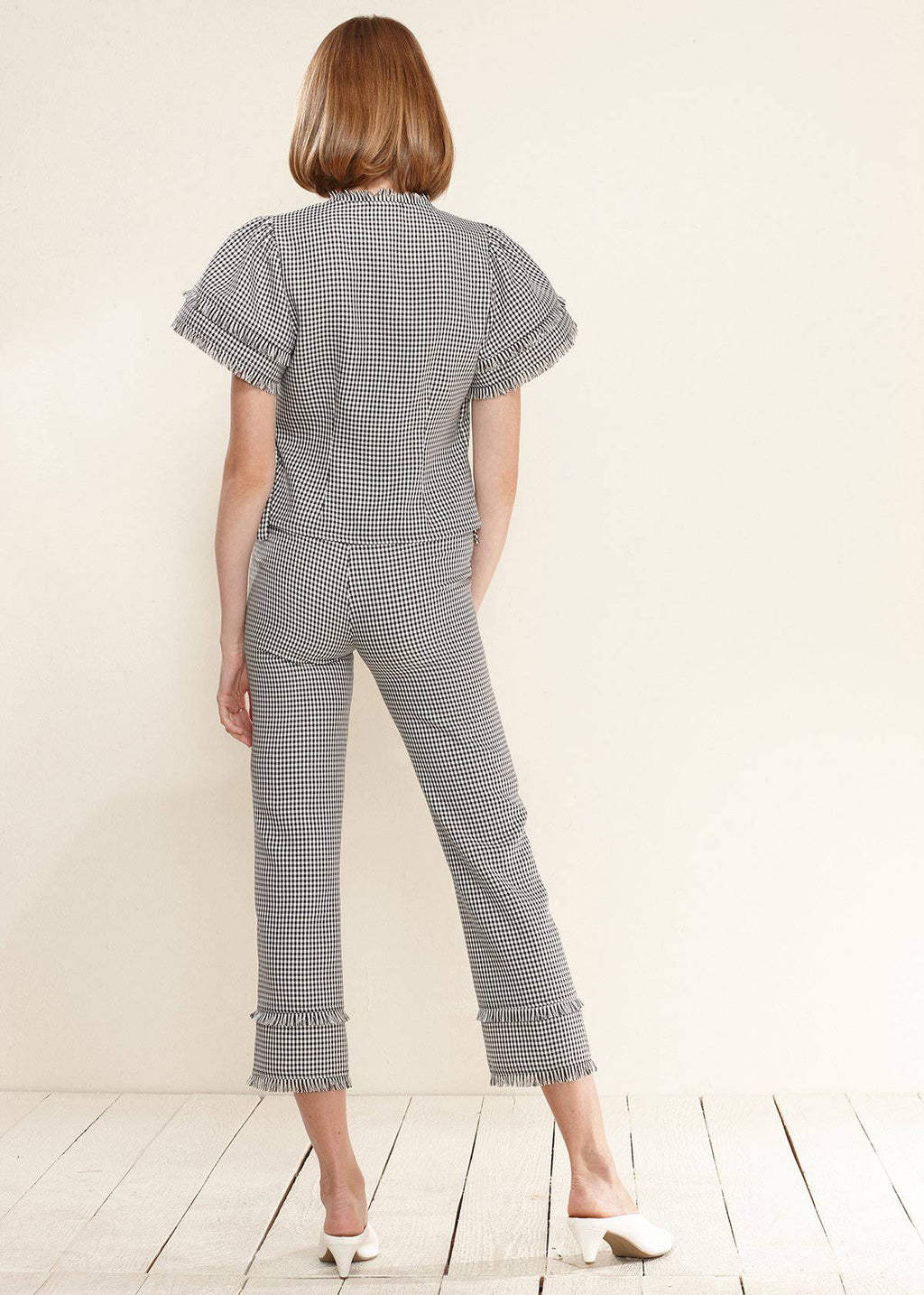 Fringe Trim Slit Hem Gingham Pants In Black Gingham