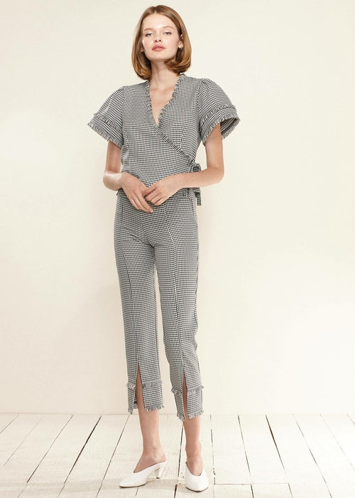 Fringe Trim Slit Hem Gingham Pants In Black Gingham