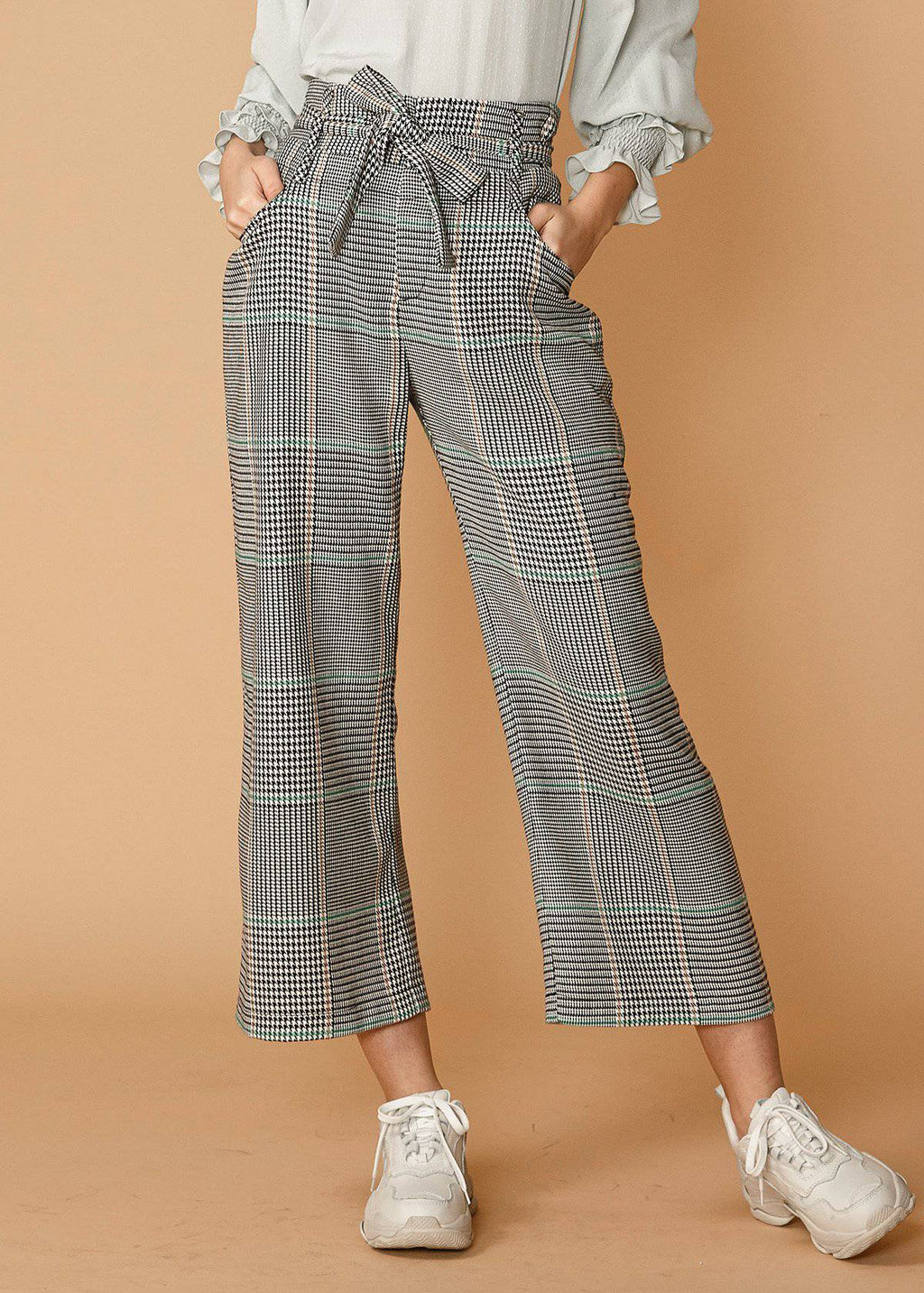 Plaid Tie Waist Cropped Pants In Fall Glen