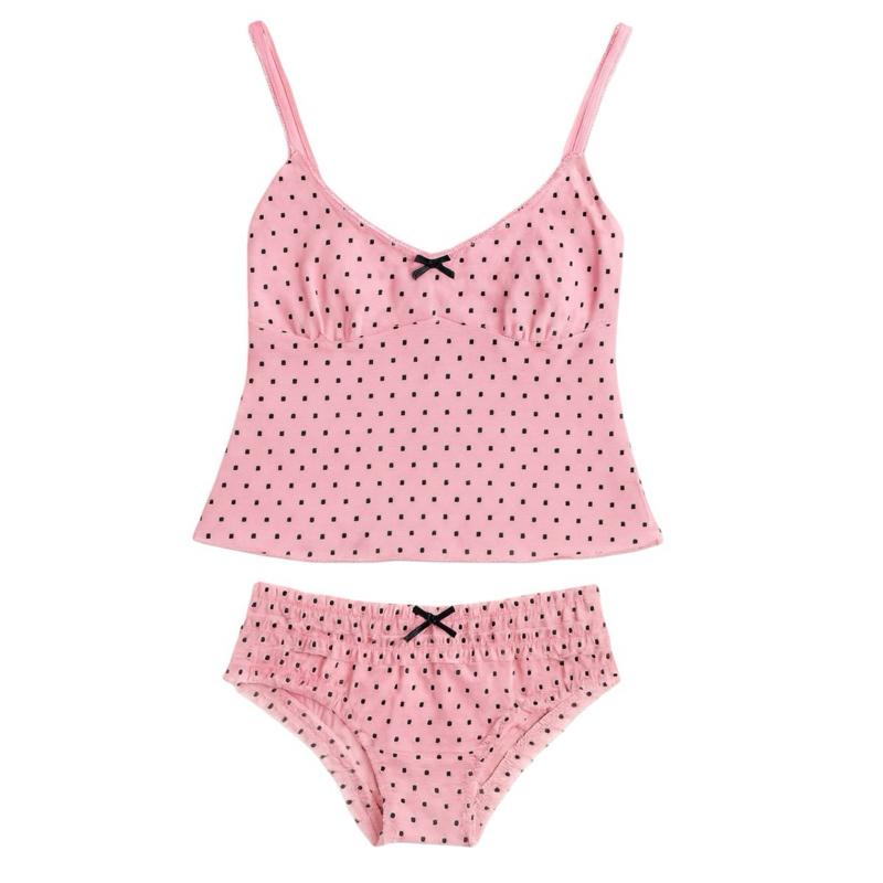 Y2K Mesh Matching Bra Set - Polka Dot Cami Top & Low Waist Briefs
