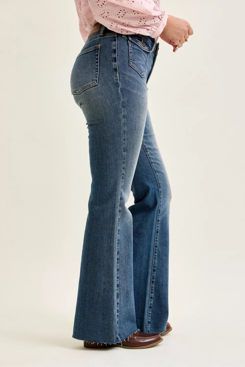 Mid Rise Faded Flare Jeans with Front Flap Pockets