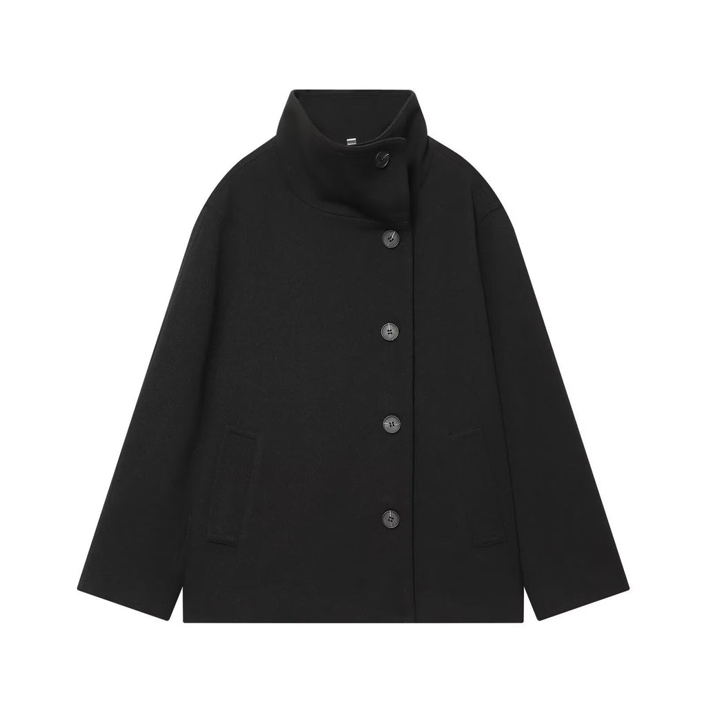 Jet Black Wool Blend High Collar Jacket
