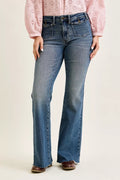 Mid Rise Faded Flare Jeans with Front Flap Pockets