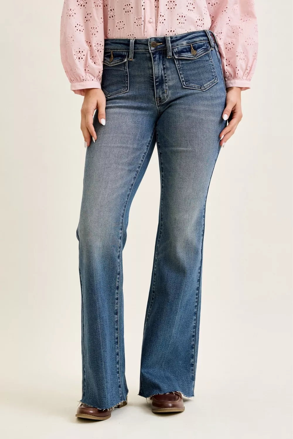 Mid Rise Faded Flare Jeans with Front Flap Pockets