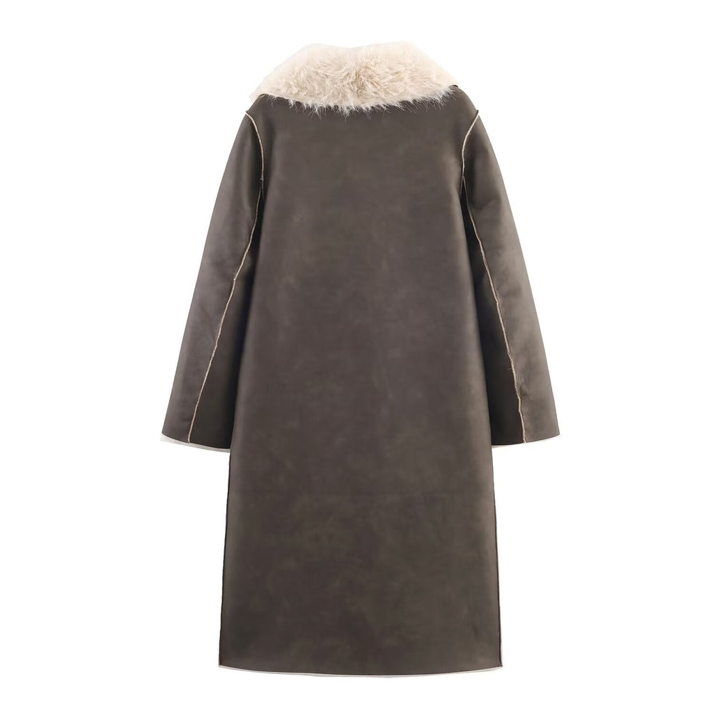 Faux Shearling Fur Trim Long Coat