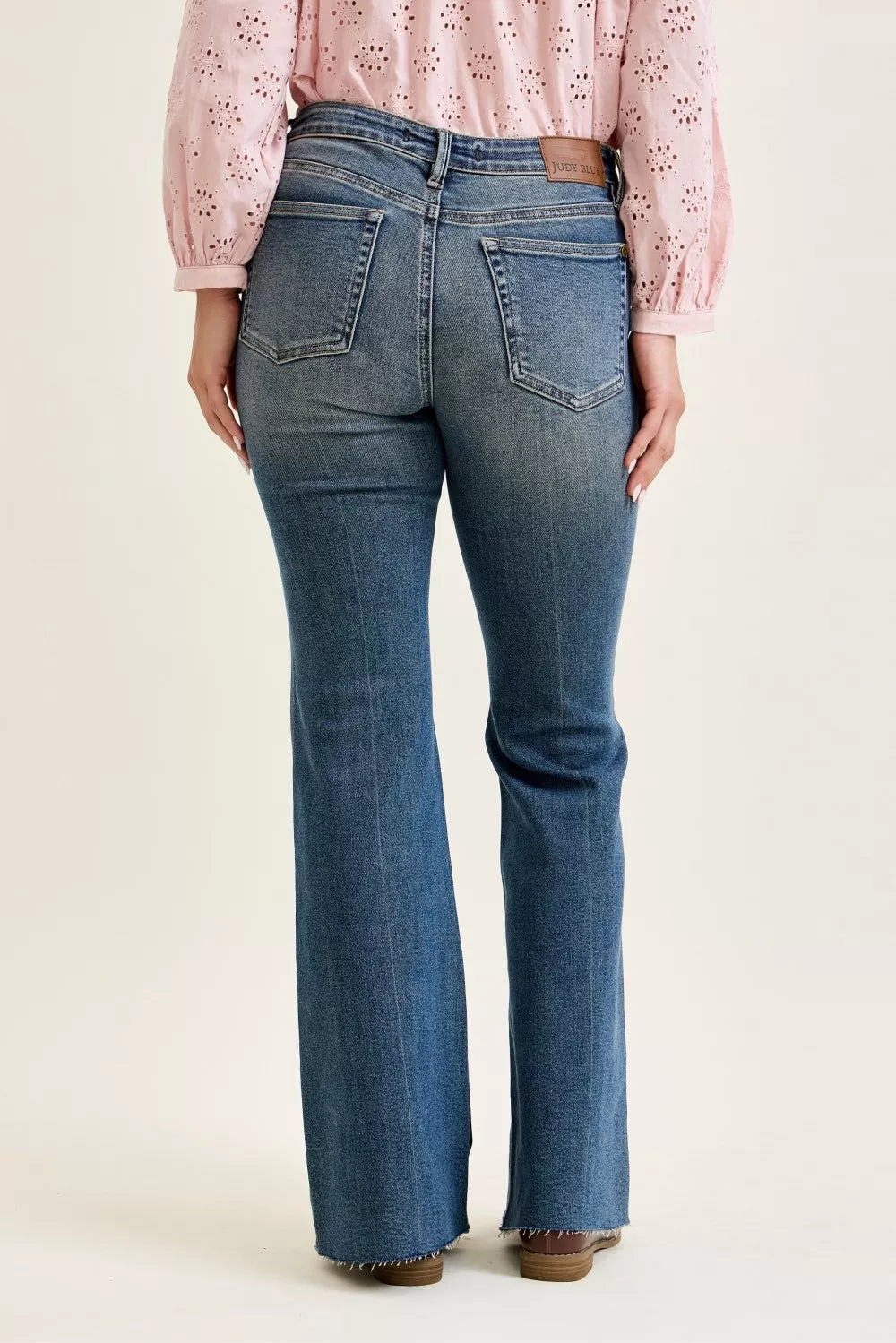 Mid Rise Faded Flare Jeans with Front Flap Pockets