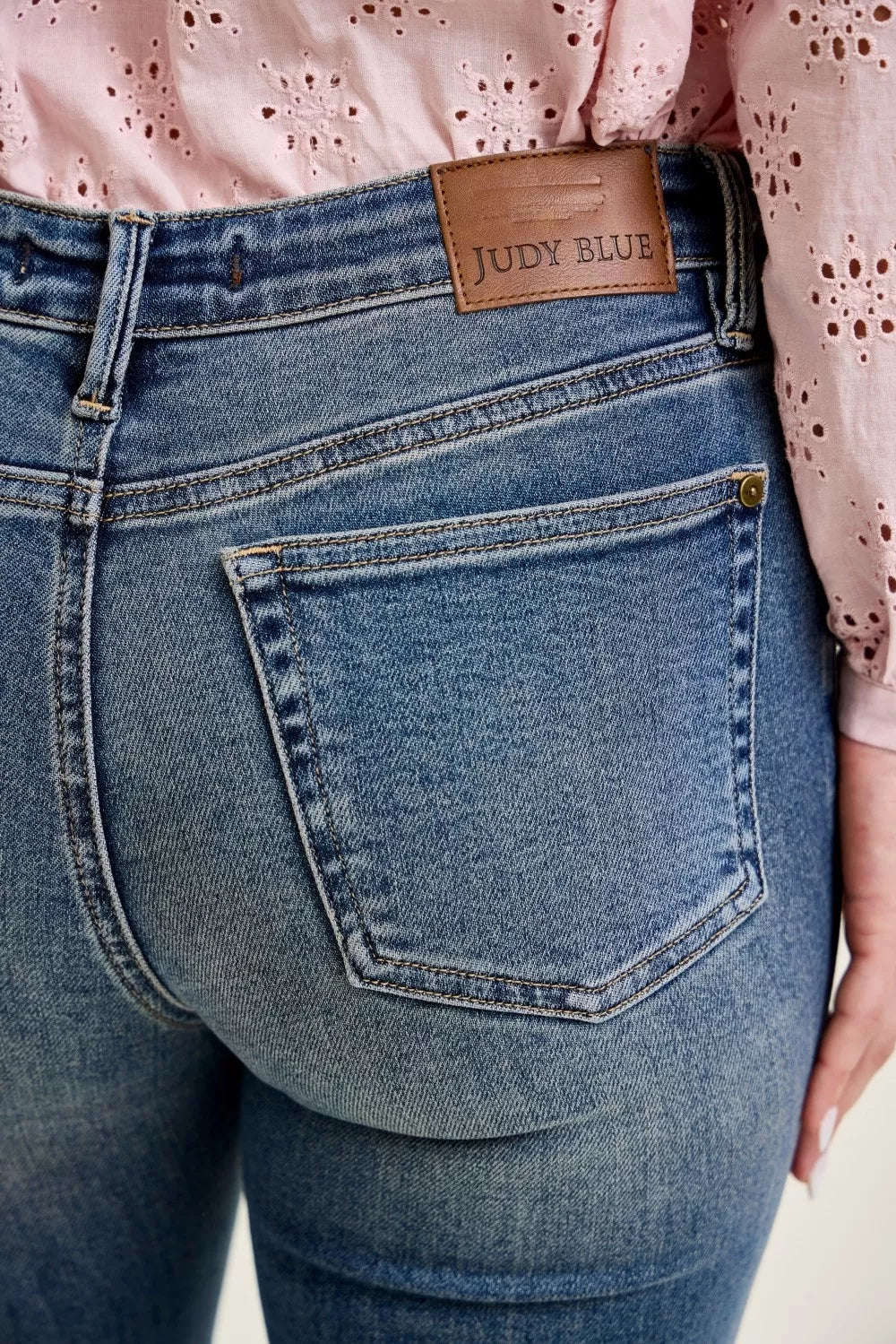 Mid Rise Faded Flare Jeans with Front Flap Pockets