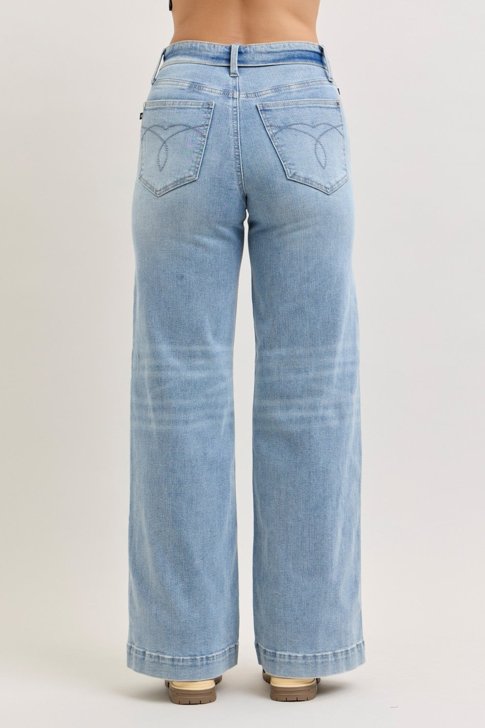 Mid Rise Retro Wide Leg Jeans with Fold-over Waistband