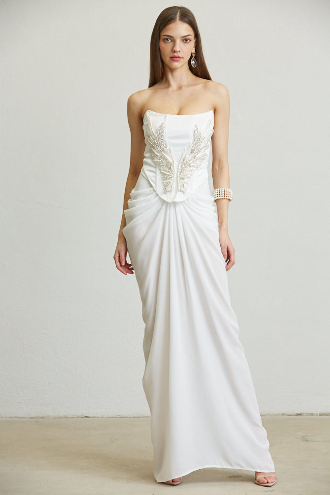 Satin Corset Waist Angel Wing Applique Dress