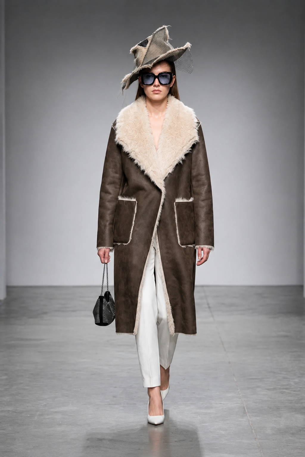 Faux Shearling Fur Trim Long Coat