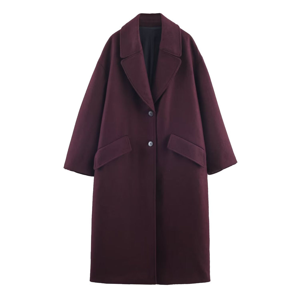 Long Oversized Burgundy Wool-Blend Coat