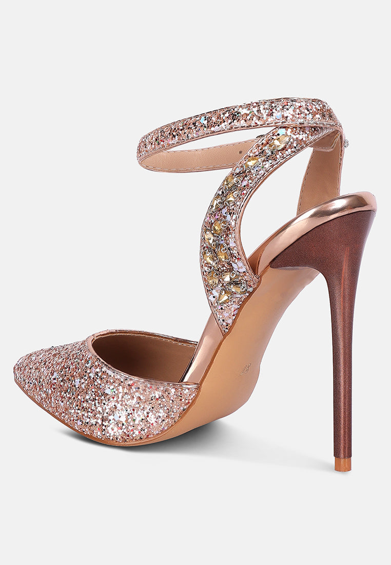 Embellished Vegan Leather Glitter Stiletto High Heels