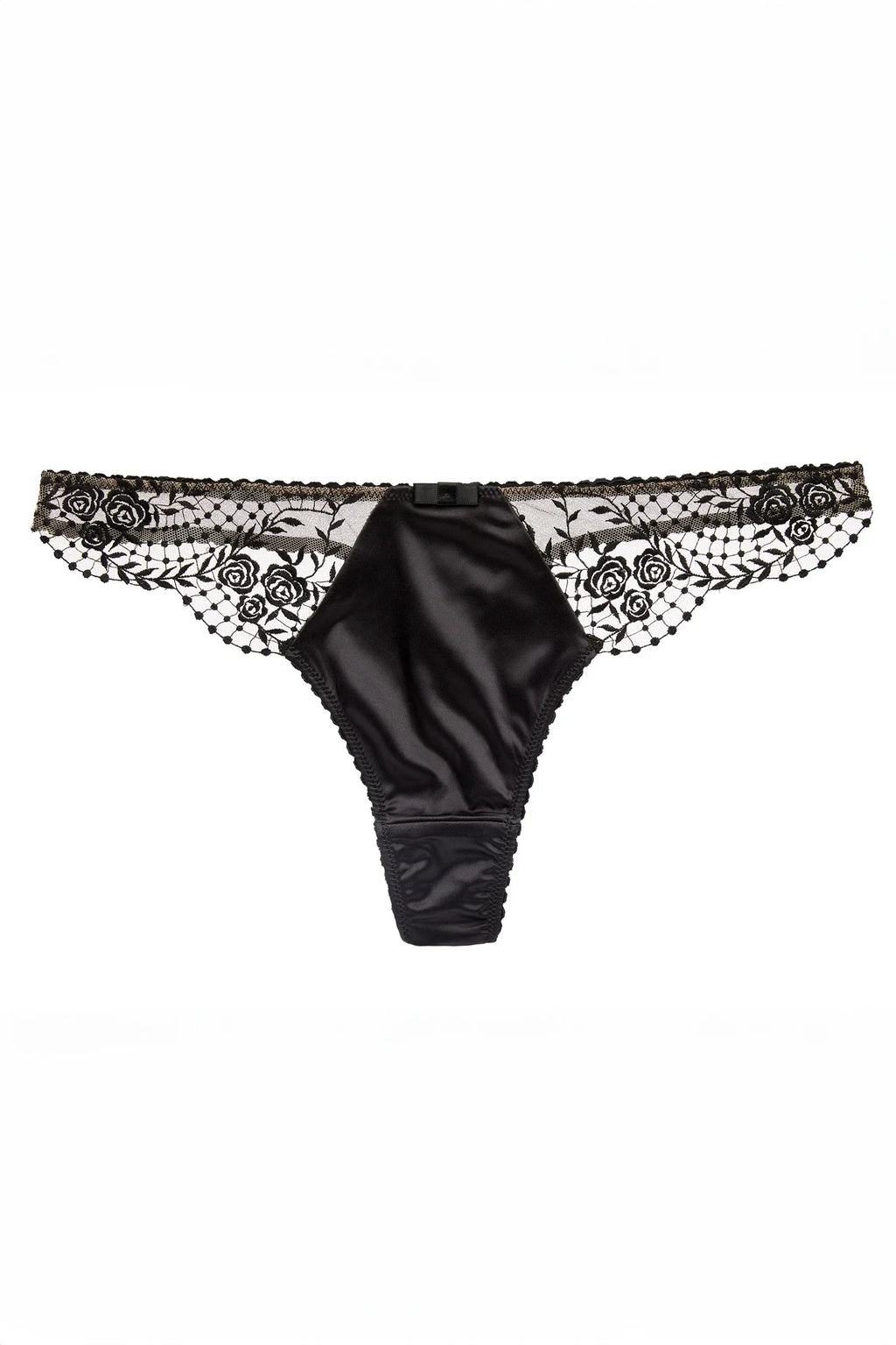 Rose Embroidered Sheer Satin Front Thong Panty