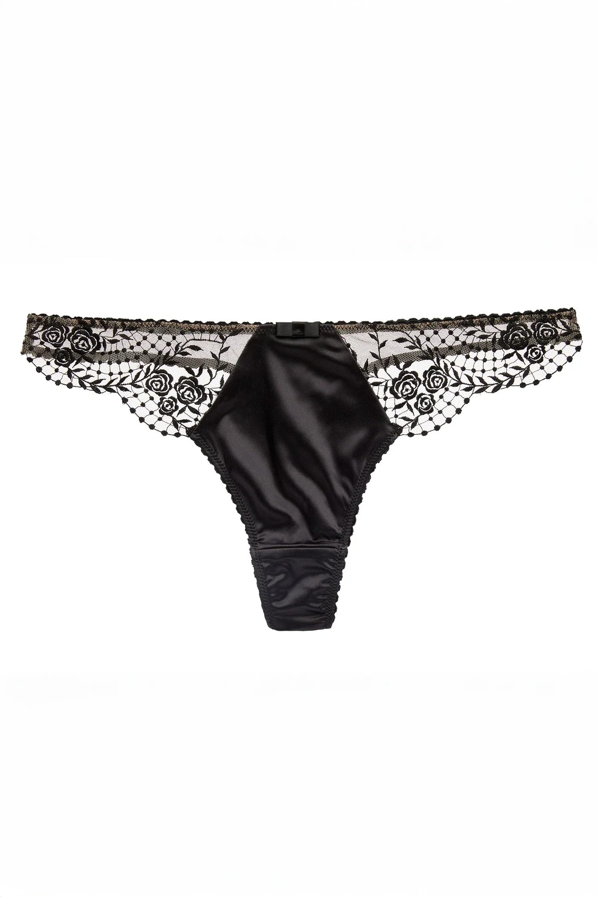 Rose Embroidered Sheer Satin Front Thong Panty