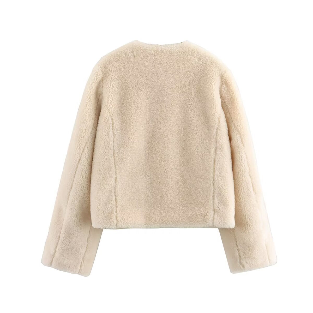 Cream Collarless Faux Shearling Jacket