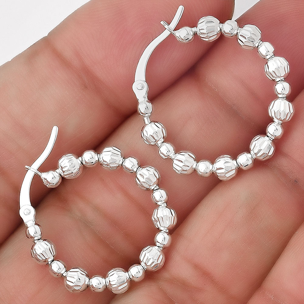 925 Sterling Silver Textured Bead Hoop Earrings