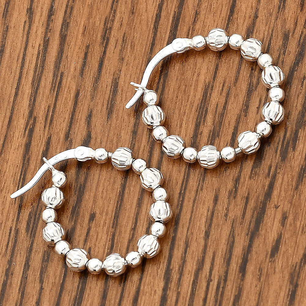 925 Sterling Silver Textured Bead Hoop Earrings