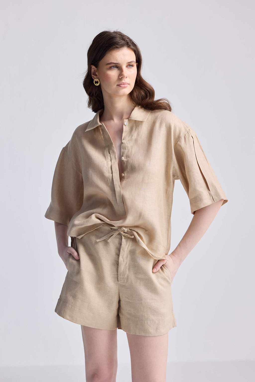 Hemp Fabric Drawstring Shorts in Neutral Beige