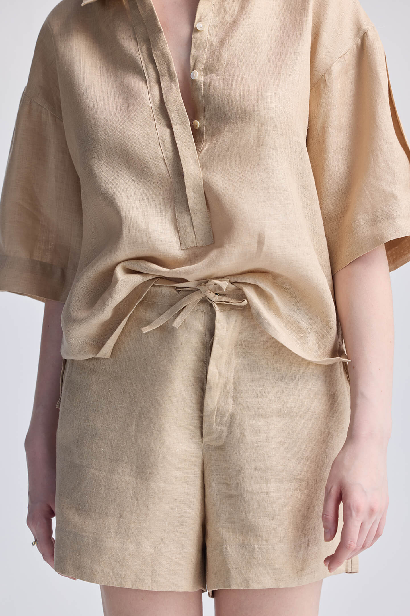 Hemp Fabric Drawstring Shorts in Neutral Beige