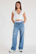 Low Waist Relaxed Straight Jeans with Tie Wash