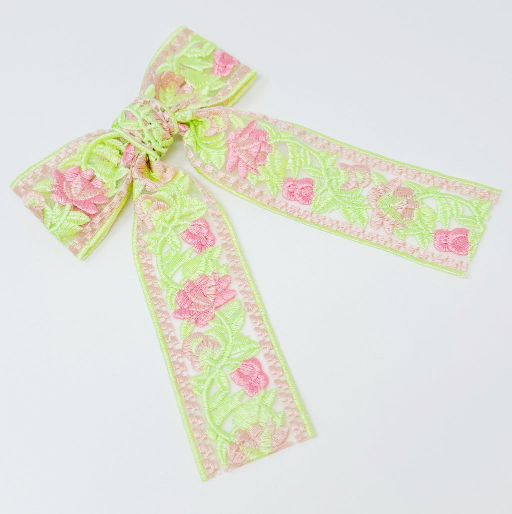 Lacey Flower Embroidered Bow Hair Clip-1