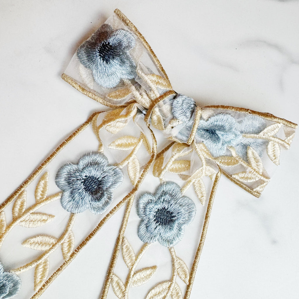 Lacey Flower Embroidered Bow Hair Clip-4