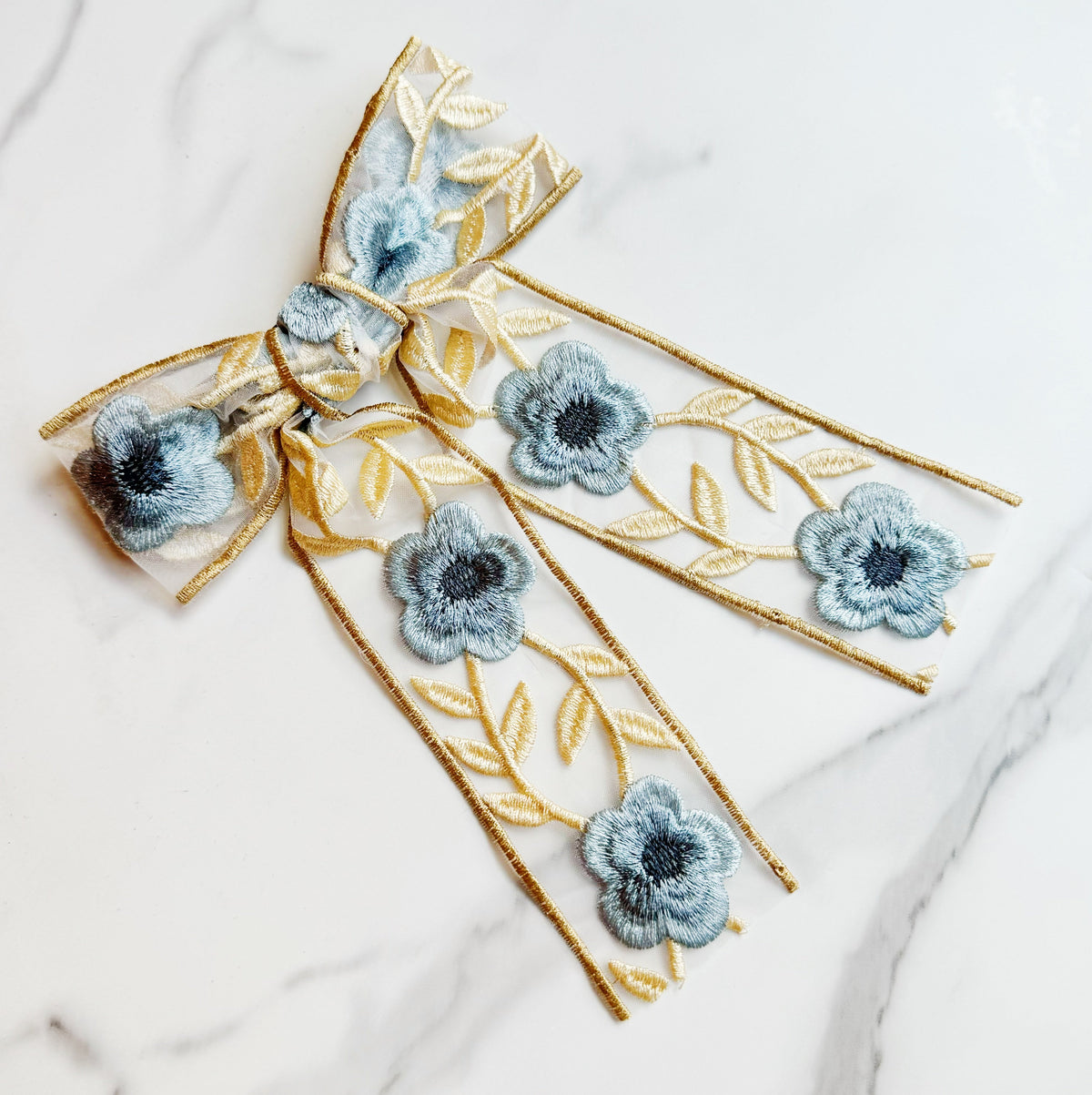 Lacey Flower Embroidered Bow Hair Clip-2