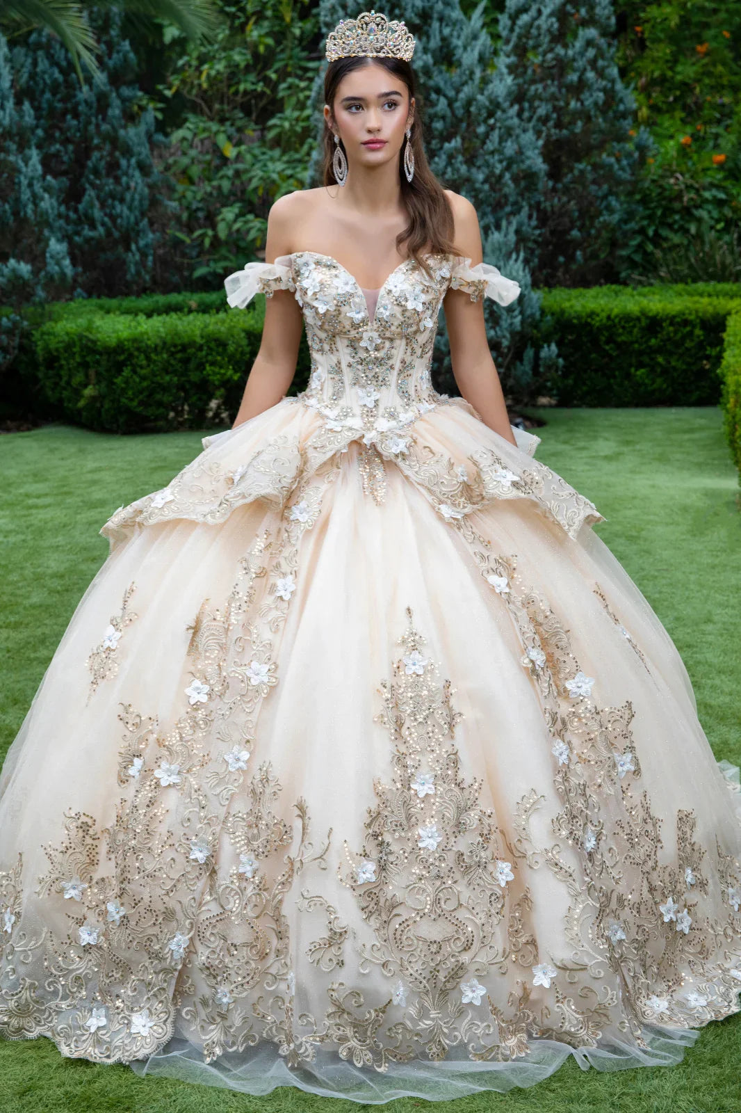 3D Flower Metallic Embroidery W/Glitter Ball Gown Dress