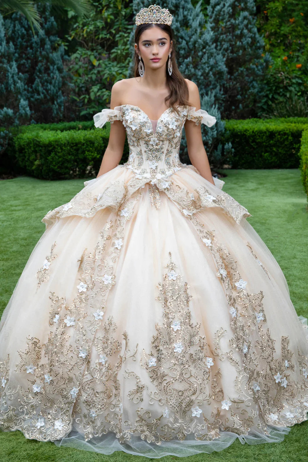 3D Flower Metallic Embroidery W/Glitter Ball Gown Dress