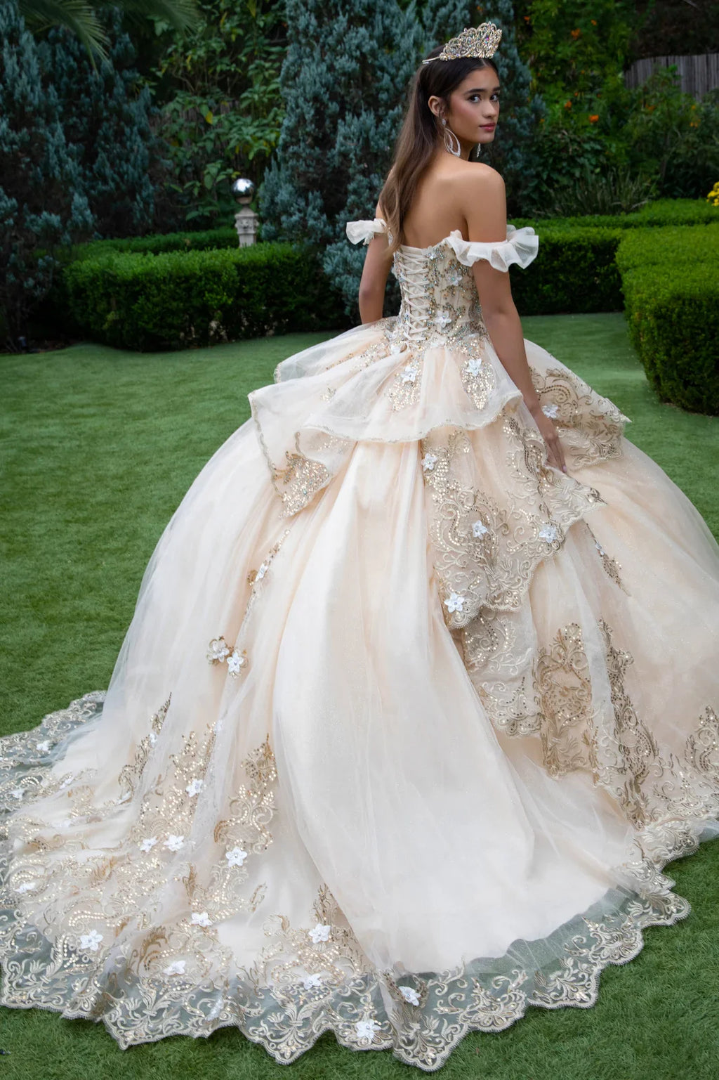 3D Flower Metallic Embroidery W/Glitter Ball Gown Dress