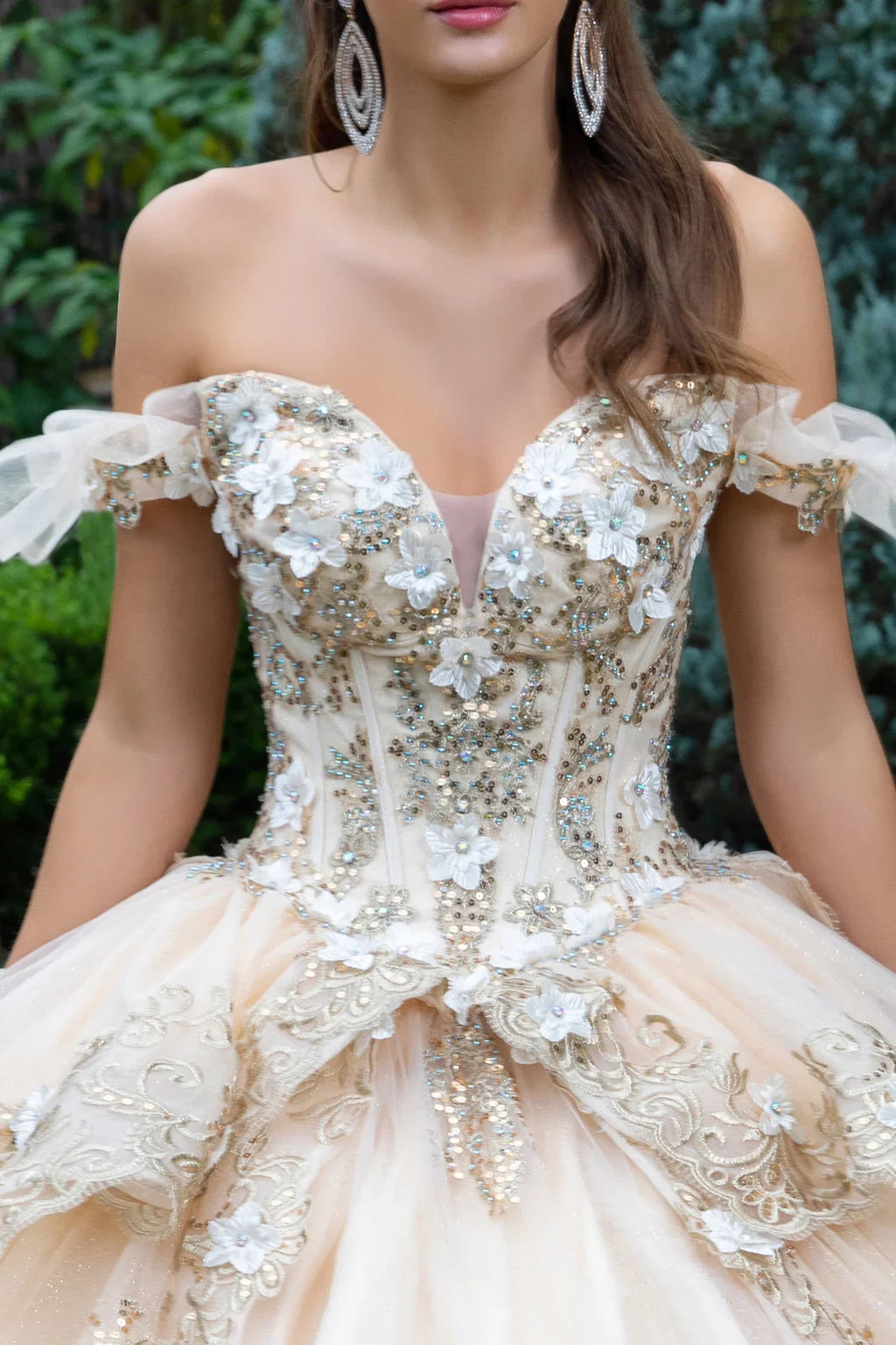 3D Flower Metallic Embroidery W/Glitter Ball Gown Dress