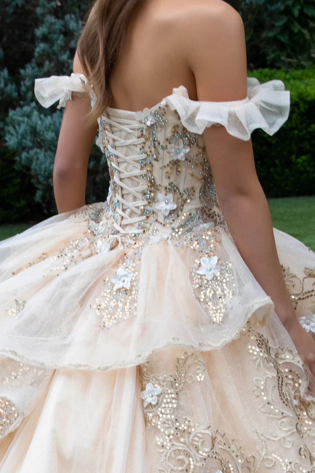 3D Flower Metallic Embroidery W/Glitter Ball Gown Dress