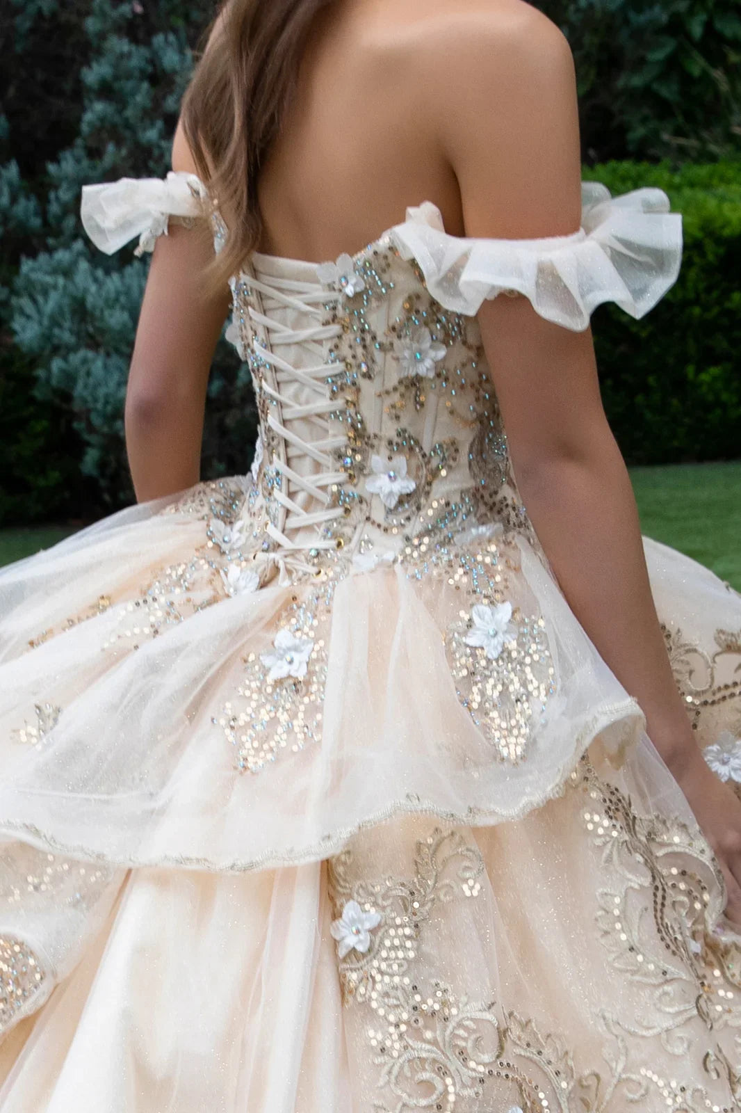 3D Flower Metallic Embroidery W/Glitter Ball Gown Dress