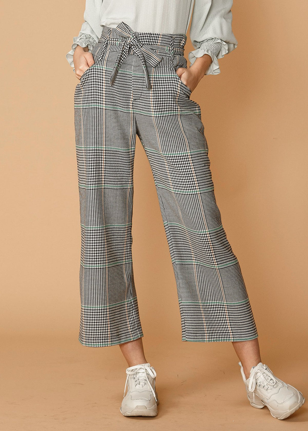 Plaid Tie Waist Cropped Pants In Fall Glen